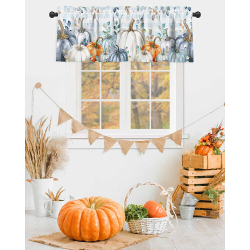 Fall Valances Pumpkin Grass Green Eucalyptus Plaid Rod 1