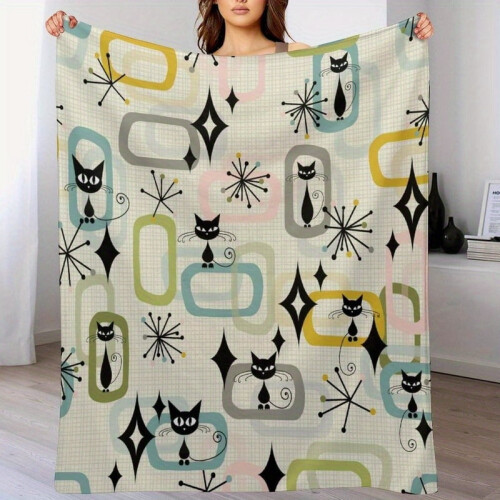 Mid-Century Flannel Throw Blanket Retro Geometric Black 1
