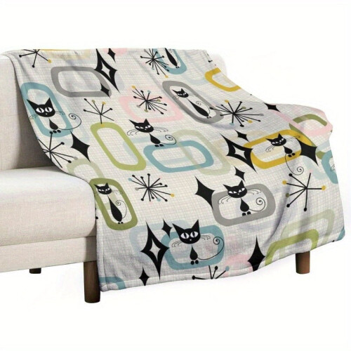 Mid-Century Flannel Throw Blanket Retro Geometric Black 2