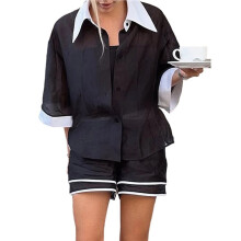 Women Sets 2 Piece Soft Short Sleeve Top and Shorts Set Black S