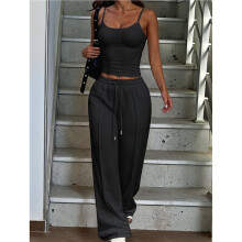 Women'S Ribbed Tank Top & Drawstring Wide Leg Pants Two-Piece Set Black XS