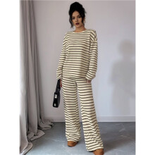 Women'S Striped Crew Neck Long Sleeve Top & Pants Two-Piece Set Apricot S