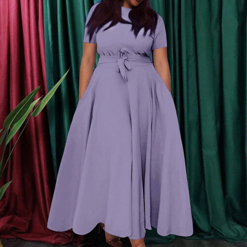 Damen Plus Size Helllila Swingkleid Rundhalsausschnitt Kurz 1