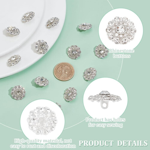 Rhinestone Buttons Flower Shape Silver Alloy 20 pcs 2