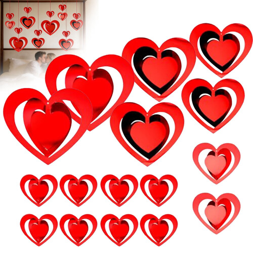 3D Heart Hanging Decorations Red Foil 16 Pieces 1