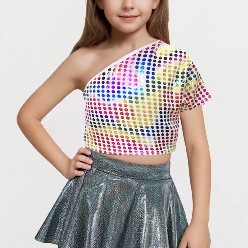 Girls One-Shoulder Short-Sleeve Sequin Crop Top 1