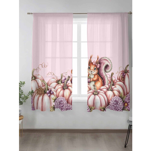 Pink Pumpkin Squirrel Voile Curtains 52x63 in, Light 1