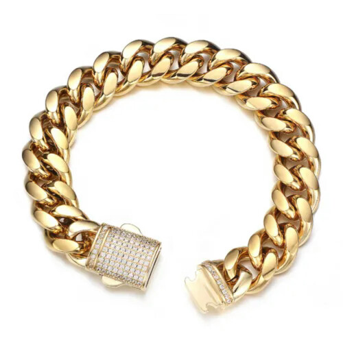 Men's Miami Cuban Link Bracelet Solid Gold Plated Stainless 1