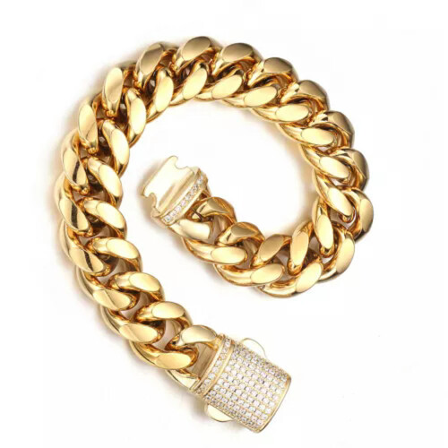 Men's Miami Cuban Link Bracelet Solid Gold Plated Stainless 2