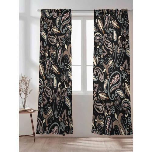 Transparente gardiner i retro, abstrakte blomster, paisley-design, sort 1