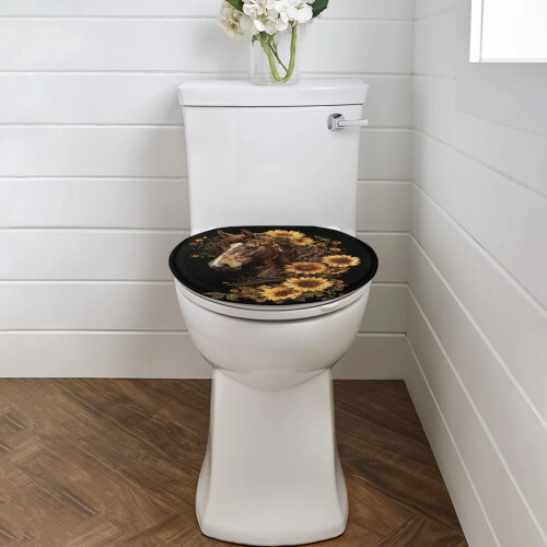 Toilettendeckelbezug mit Sonnenblumenmuster und Pferd, oval, mit elastischem Rand 1