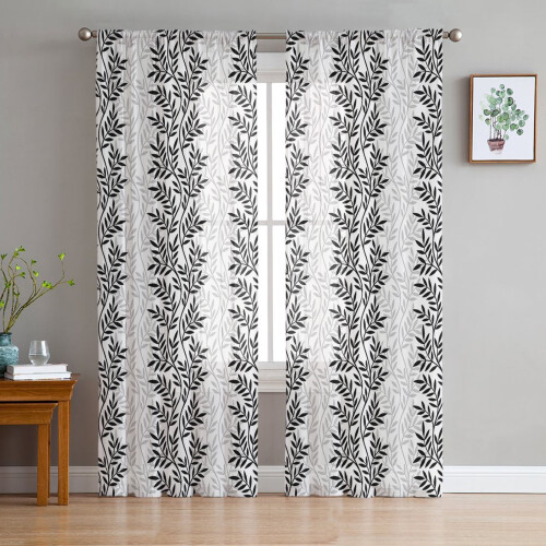 Sheer Curtains Black & White Leaf Design 52x96 Inch Light 2