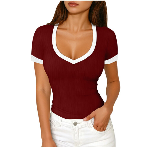 Damen-Pullover-Top mit V-Ausschnitt und kurzen Ärmeln, Farbblock 1