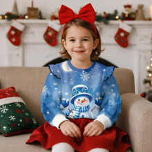 Girls' Long Sleeve Ruffle Shoulder Sweatshirt Blue Snowman