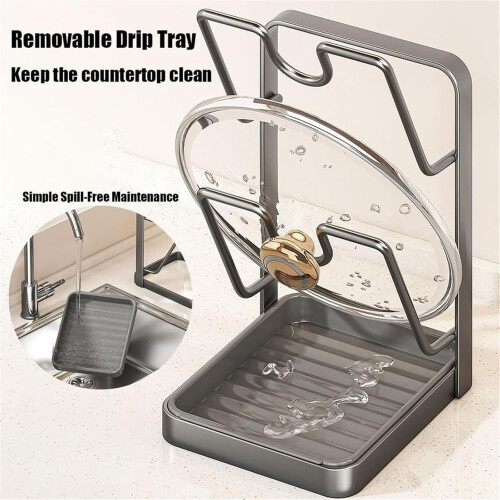 Multifunctional Kitchen Pot Lid Storage Rack with Removable Drip Tray – Compatible with Most Lids, Spoons & Tools 2
