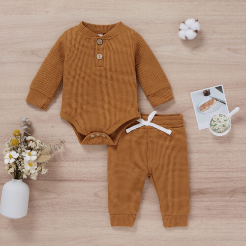 Baby-Jungen Langarm-Strampler mit passender Hose, braun 2