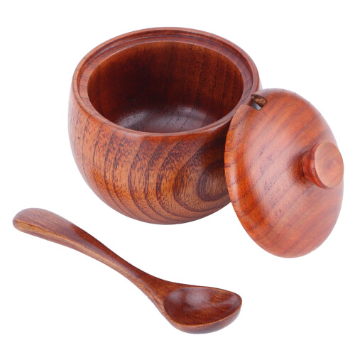 Octpeak Wooden Salt Box with Lid and Spoon 1