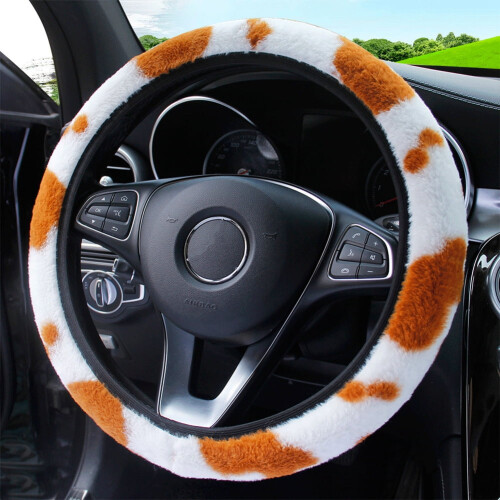 Plush Steering Wheel Cover Brown White Universal 1