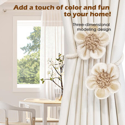 Cotton Linen Bohemian Curtain Tiebacks Beige 2 Pcs 1