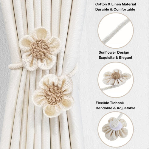 Cotton Linen Bohemian Curtain Tiebacks Beige 2 Pcs 2