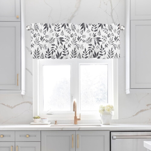Kitchen Valance Spring Leaf Design Black White Grey 54x18 2