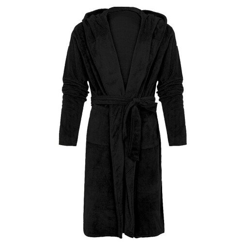 Women's Hooded Fleece Bathrobe Black Long 2