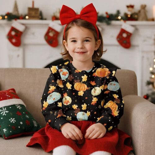 Hanorac cu volane pentru fete, model Maple Leaf Pumpkin Fall 1