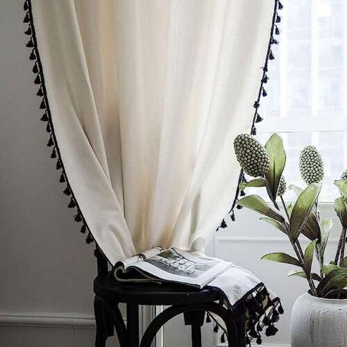 Boho Cotton Linen Curtain with Black Tassels 1 Panel 94 in 2