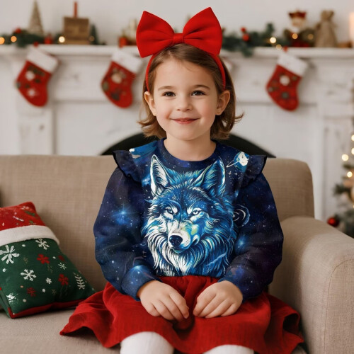 Mädchen-Sweatshirt, hellblau, mit Galaxy-Wolf-Design, langärmelig 1