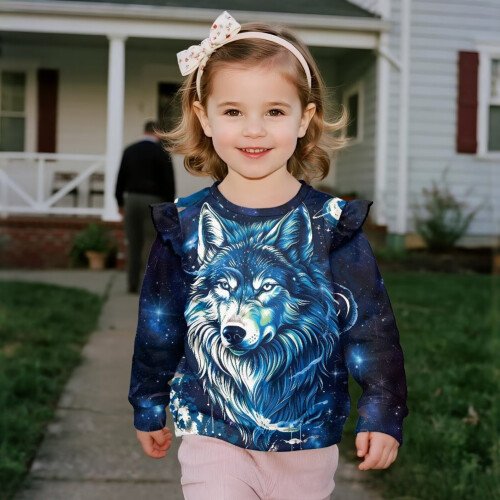 Mädchen-Sweatshirt, hellblau, mit Galaxy-Wolf-Design, langärmelig 2