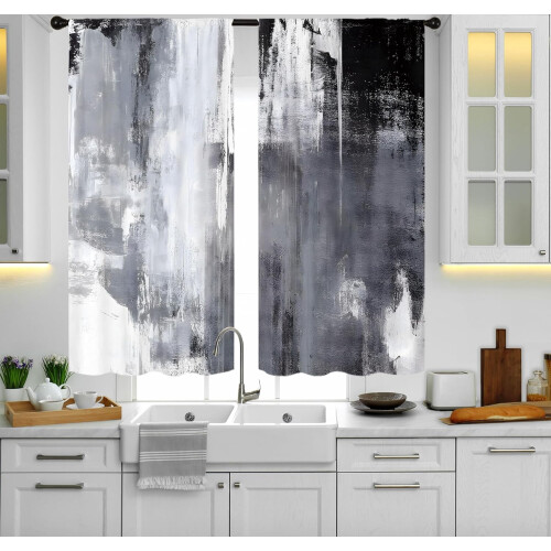 Abstract Black Grey Kitchen Curtains Rod Pocket 27.5x39 1