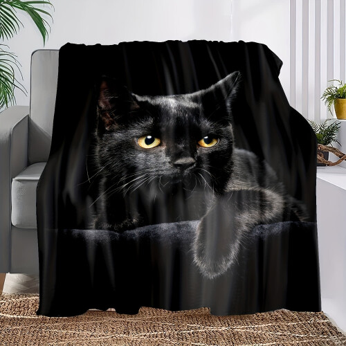 Black Cat Print Flannel Blanket Soft Warm Throw 1pc 2
