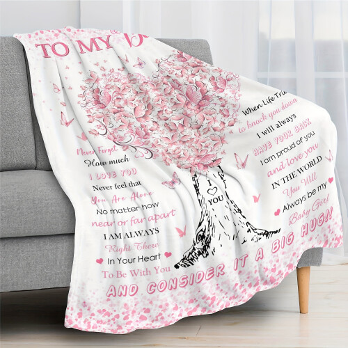 Soft Pink Flannel Throw Blanket with Tree and Heart Design 1