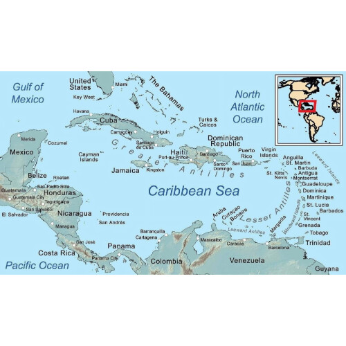 Pôster laminado com mapa geral do Caribe