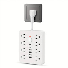 14-in-1 Power Strip with 8 Outlets, 4 USB, 2 USB-C, Flat Plug, Wall Mount, Surge & Overload Protection – White