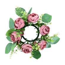 Artificial Peony Flower Candle Ring Wreath, 3" Inner, Green Leaves, Tealight Garland Table Centerpiece – Spring & Wedding Decor