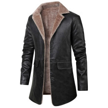 Men's Fashion Trench Coat Mid Length Leather Jacket Business Casual Winter Coat With Thick And Oversized Notch Lapel For Men
