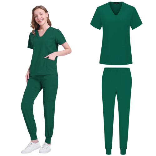 Women's Solid Scrub Set Army Green L 2