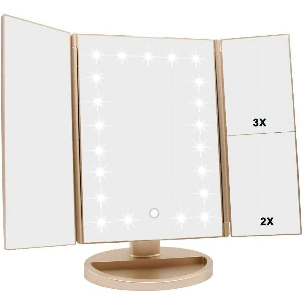 Tri-fold lighted vanity mirror gold 3x/2x/1x magnification