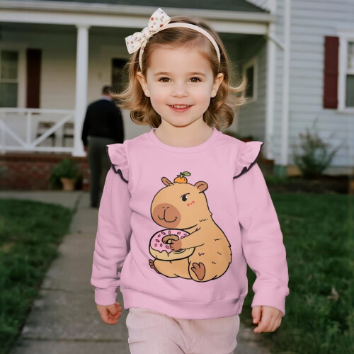 Capybara Donut Kleinkind-Sweatshirt mit Rüschen an der Schulter, lang 2