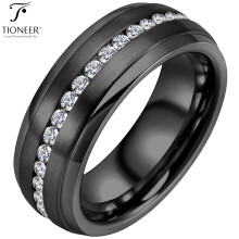 Alliance en carbure de tungstène sertie de zirconiums cubiques blancs, style éternité, bords étagés, disponible en argent ou noir, 8 mm
