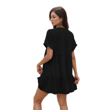Women's solid color V-neck dress loose fit ruffled