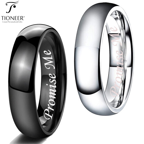 Βέρα γάμου Tioneer Tungsten Carbide Classic από γυαλισμένο απλό θόλο Promise Me, με χαραγμένο σχέδιο