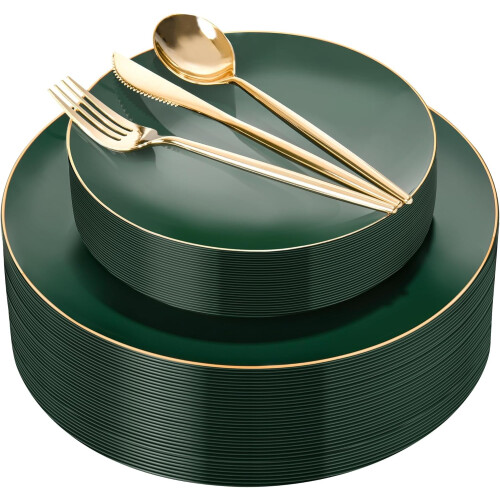 White and Gold Plastic Plates and Silverware Set for 30 1