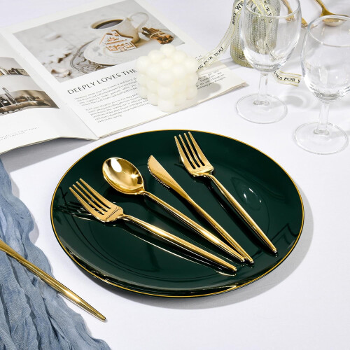 White and Gold Plastic Plates and Silverware Set for 30 2