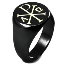 Bague Tioneer en argent sterling plaqué noir IP, ornée d'un symbole Chi Rho Alpha Omega et d'un zircon cubique rond à plateau plat poli.