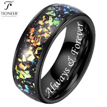 Bague Tioneer en tungstène noir IP 8 mm, série Galaxy, avec incrustation d'opale, disponible en différents styles. Alliance pour homme et femme