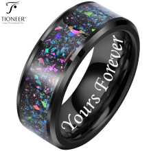 Bague en tungstène noir IP 8 mm, série Galaxy avec incrustation d'opale, disponible en différents styles. Alliance pour homme et femme avec