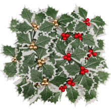 Lorigun30Pcs Caora Cuileann Saorga le Duilleoga Glasa, Gais Órga Dearga Bréige don Nollaig, Fleasc Cóisire, Maisiúcháin Lárphointe