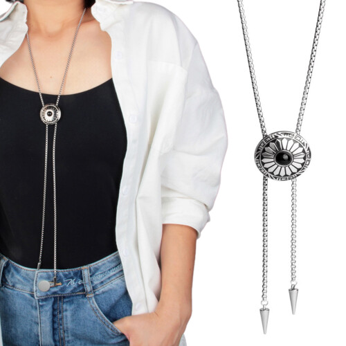 Bolo Tie Round Flower Pendant Necklace Silver 1